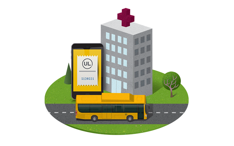 Illustration med en mobil, ett sjukhus och en regionbuss