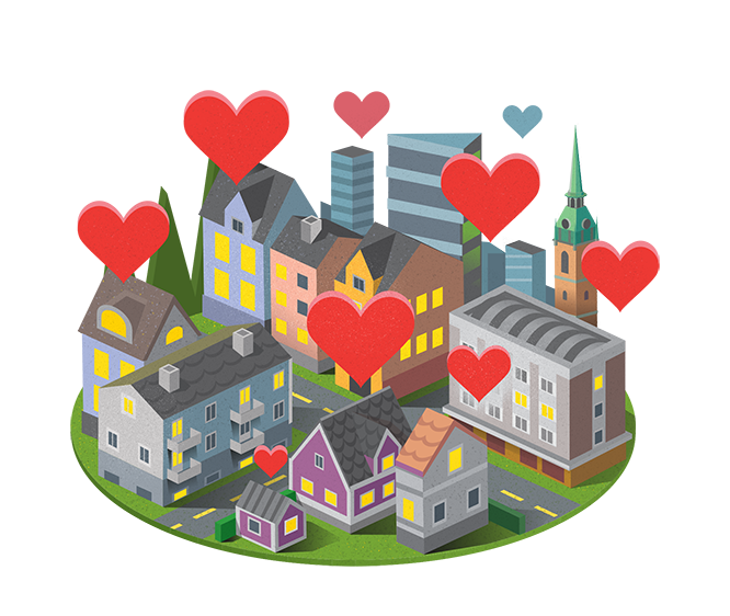 Illustration över en stad med hjärtan