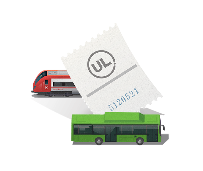 Pappersbiljett och bild på regionbuss och Upptåg