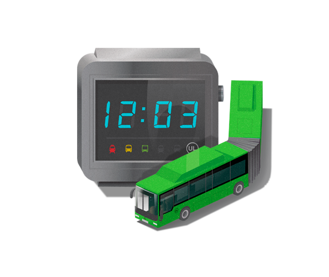 Digital klocka med en stadsbuss bredvid