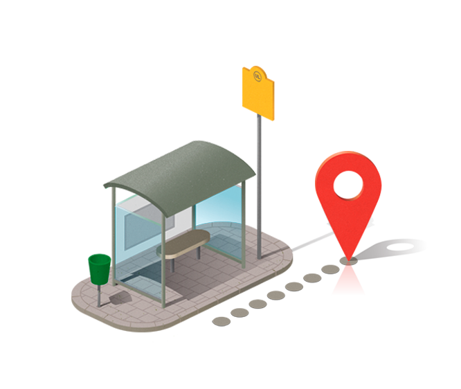 Illustration med hållplats och en röd pilmarkering