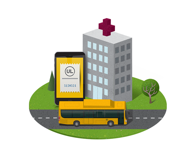 Illustration som visar en mobil, ett sjukhus och en regionbuss