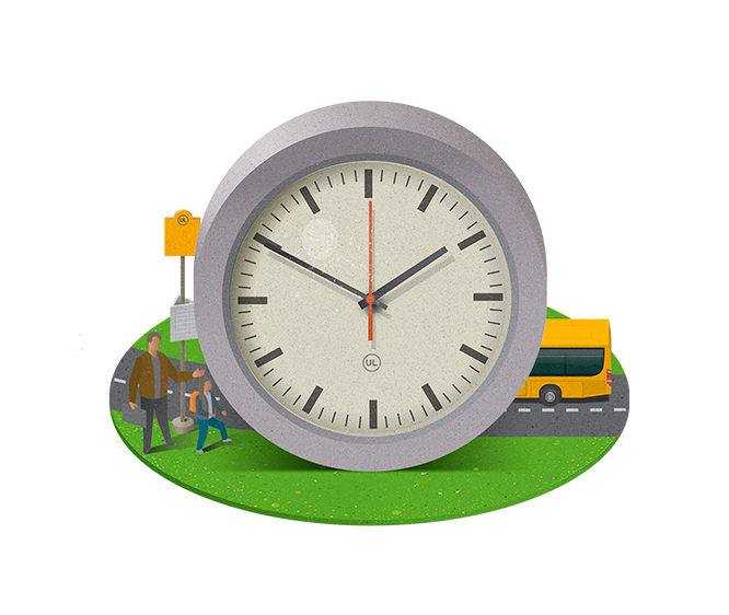 Illustration med analog klocka, människor och en regionbuss