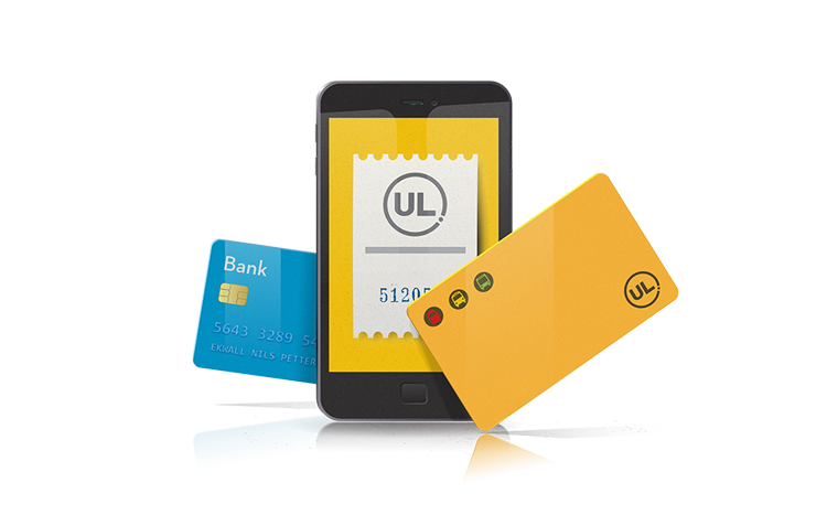 Illustration på en mobil, ett betalkort och ett gult ULkort